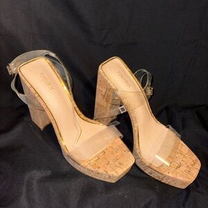 Forever 21 Nude Footbed Cork Platform Heels with Clear Straps